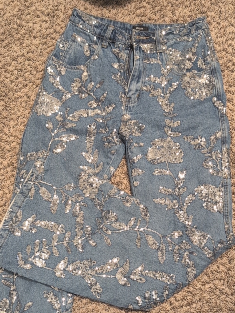 Nasty Gal Blue Denim Wide-Leg Jeans with Silver Sequin Floral Embroidery